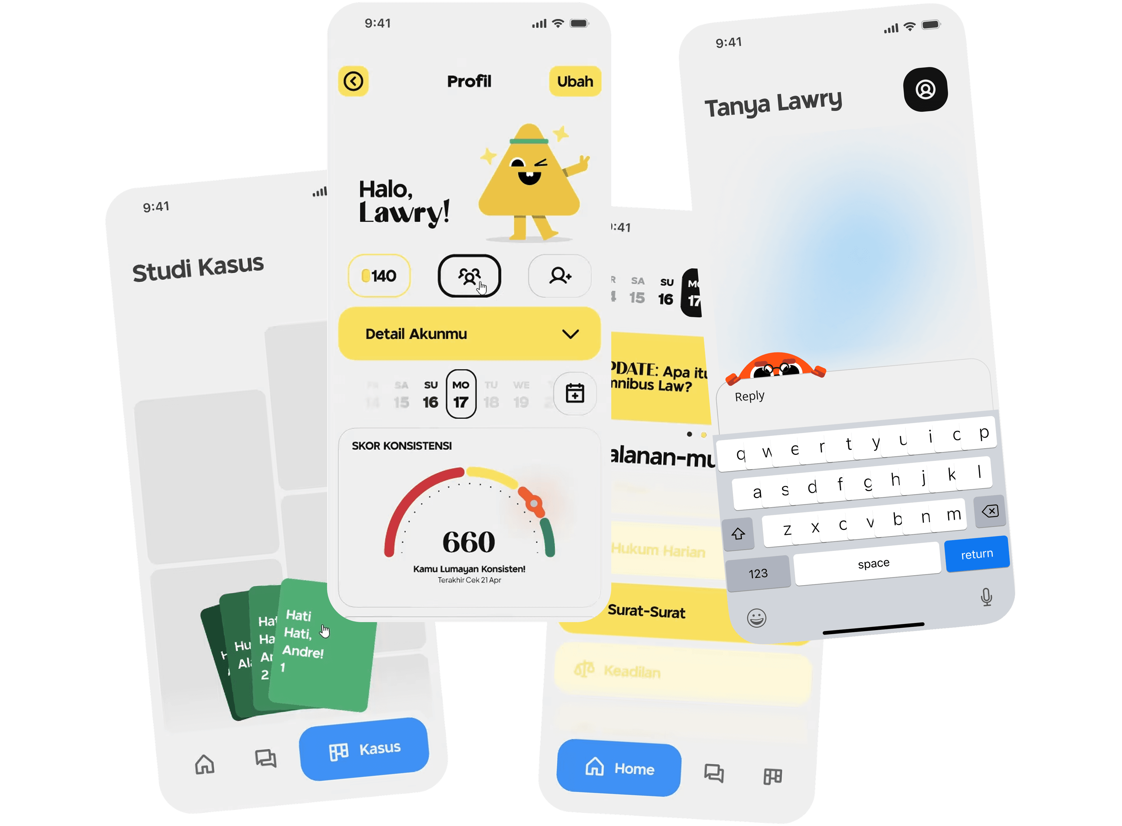 Final LAWup app screens: home, lessons, flashcards, leaderboard and the Tanya Lawry assistant.
